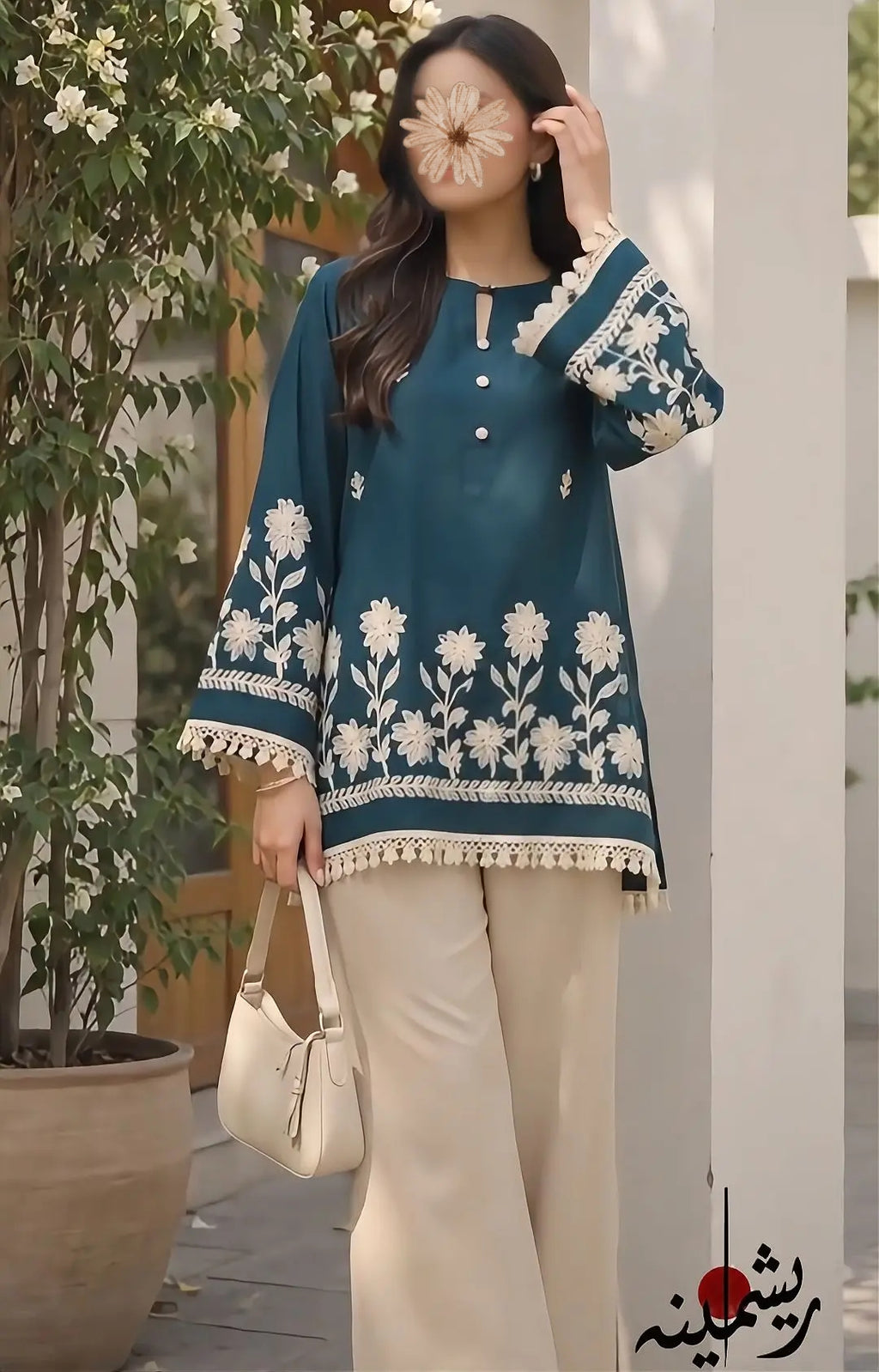 Teal Blossom Embroidered Lawn Co-Ord Set | R E S H M I N A