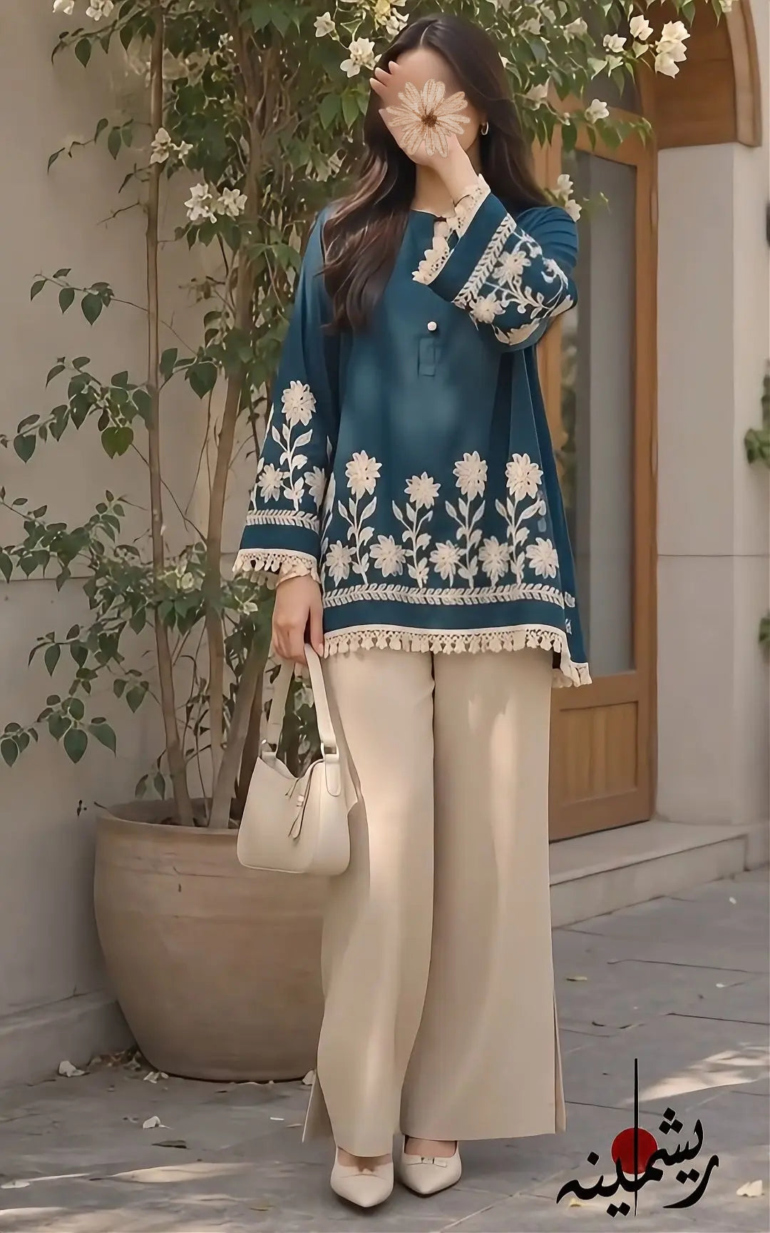 Teal Blossom Embroidered Lawn Co-Ord Set | R E S H M I N A